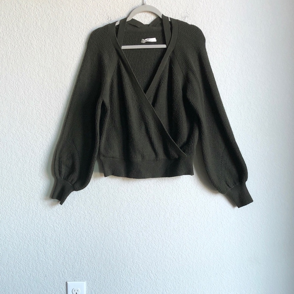 Anthropologie Split Shoulder Faux Wrap Front Sweater Green Balloon Sleeve
